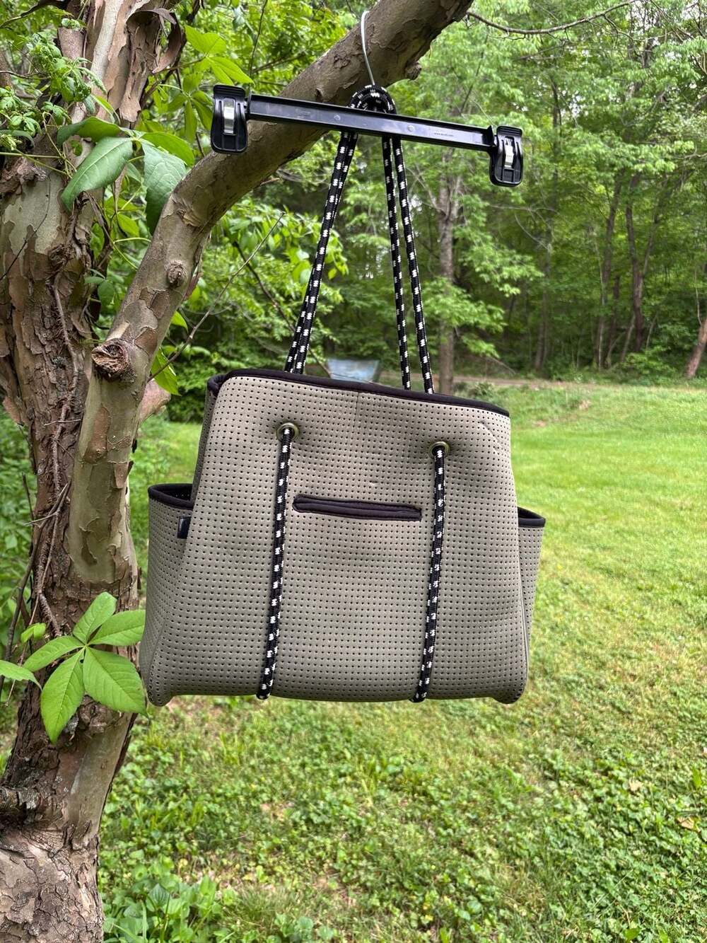 TY Threaded Pear Perforated Neoprene Tote Bag in Olive Green with Matching Pouch